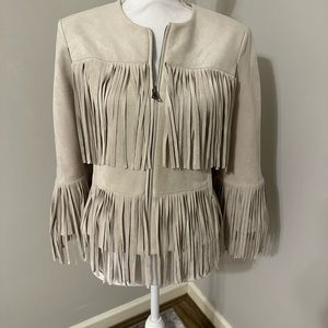 BCBG Max Azria stunning faux suede fringed cape style jacket